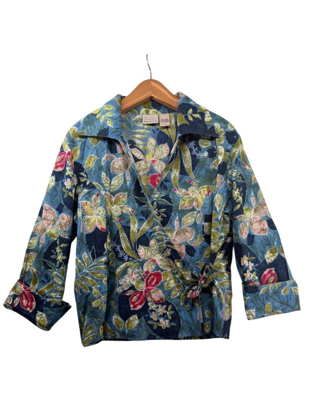 Vintage Passports Womens Wrap Top L Blue/Green Tropical Resort/CruiseWear Artsy
